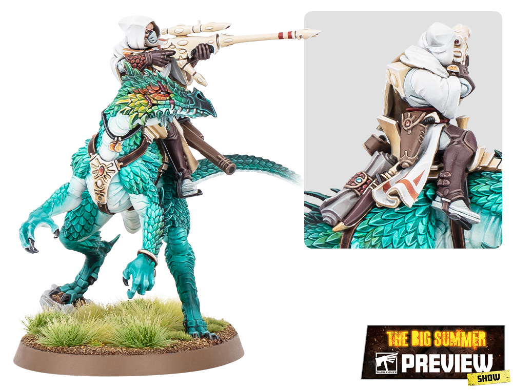 An Exodite Leystalker sniper riding a darkscale drakesteed, levelling a long rifle