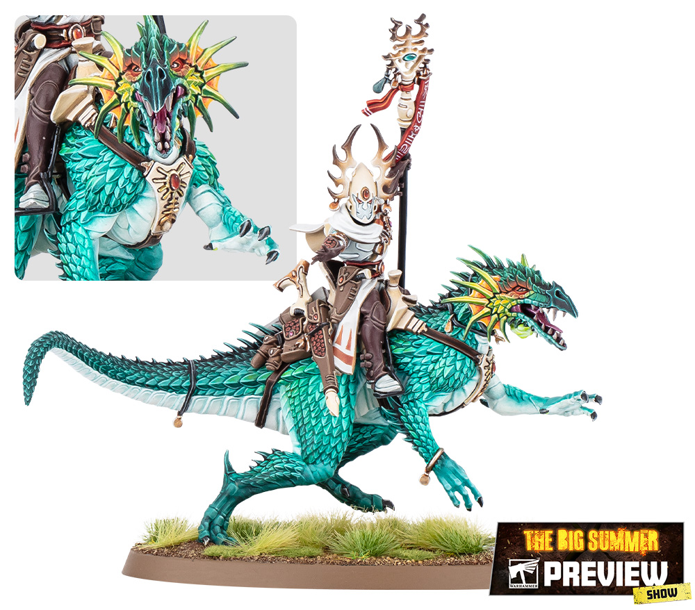 An Exodite Stonesinger psyker raising a crystal-tipped staff atop a large drakesteed