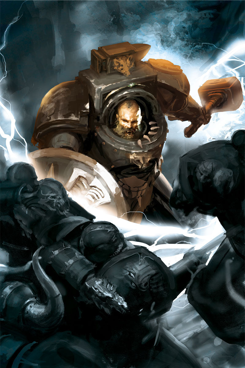 Arjac Rockfist in Terminator armour, with an anvil above his head and Foehammer raised amid a close-quarters battle