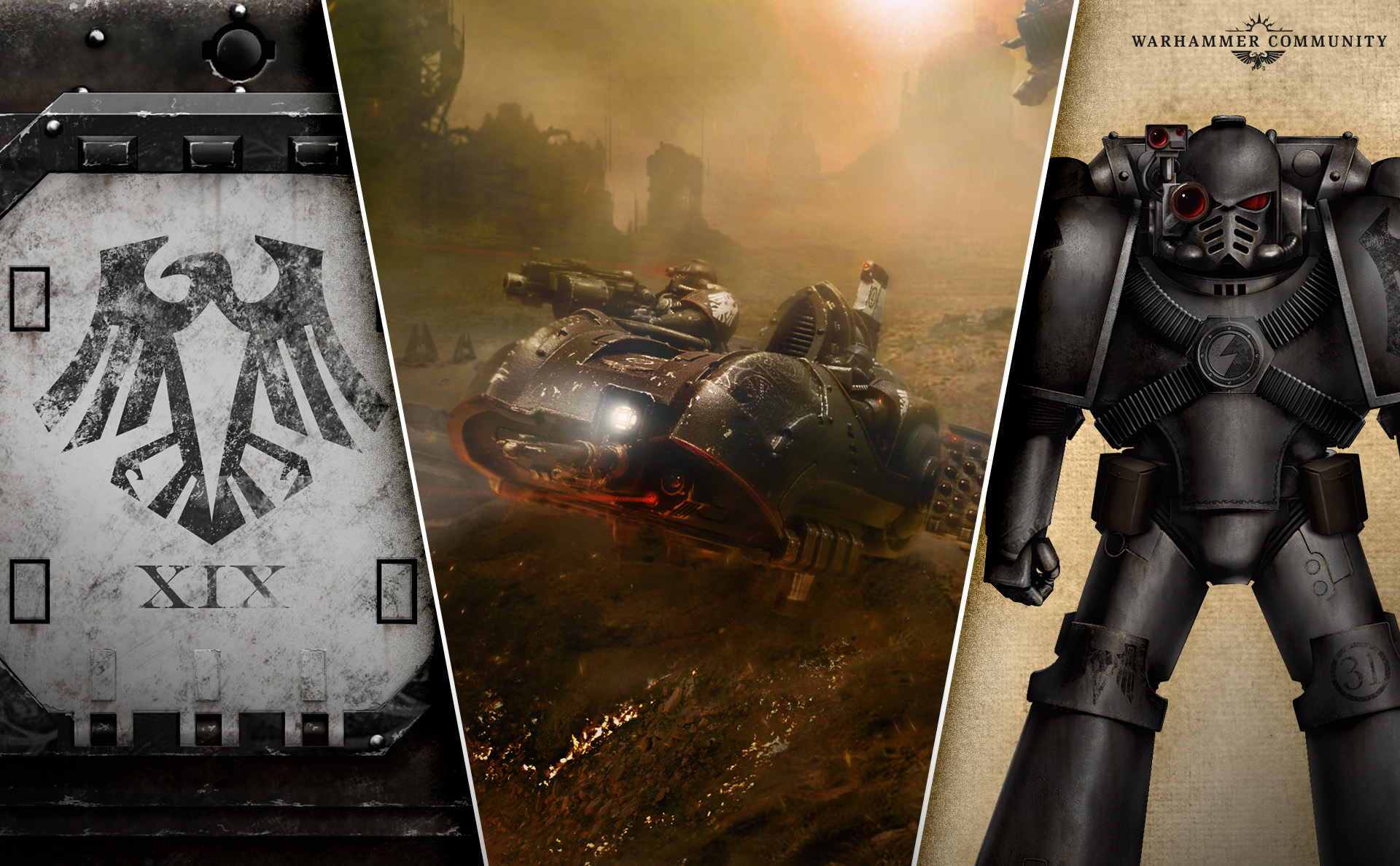 The XIX Legion banner beside a Raven Guard Javelin speeder and a legionary in matt-black plate