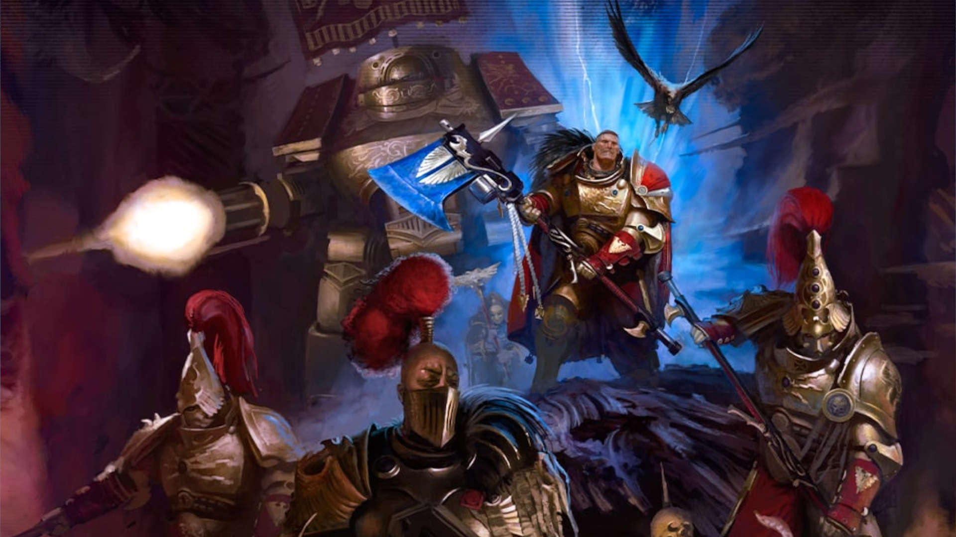 Custodian Guard in gold auramite fighting through a dark vaulted chamber beside a Contemptor Dreadnought