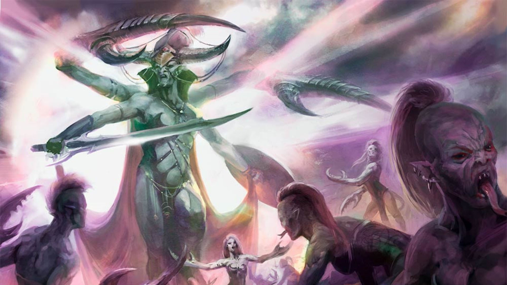 Keeper of Secrets towering over a host of Daemonettes in a haze of pink and green warp light