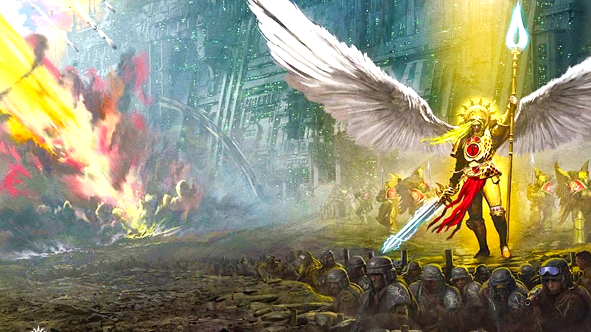 Sanguinius, winged and haloed in gold, leading ranks of Imperial Army troops across a ruined battlefield