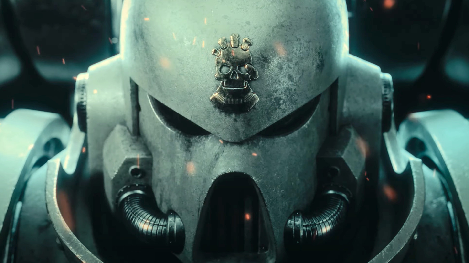 A grey Space Marine helm bearing the Retributors' skull-and-hand chapter badge