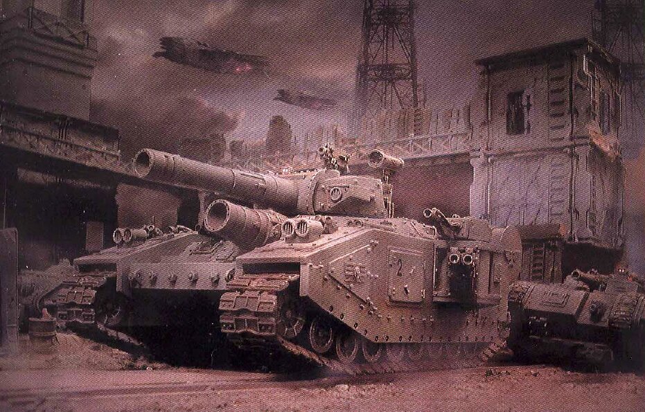 Baneblades advancing through a hive city under aerial attack
