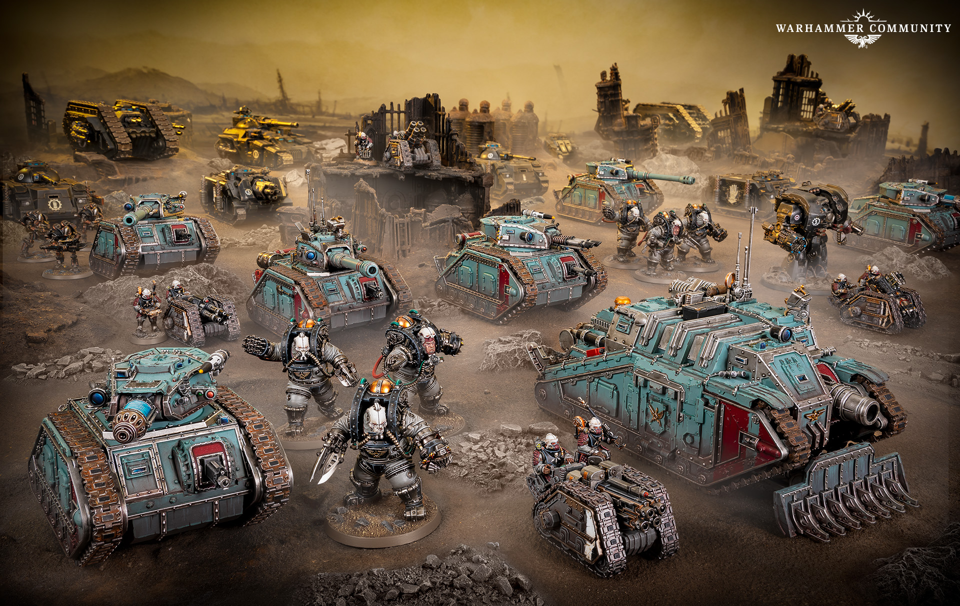Solar Auxilia tanks and infantry facing Iron Warriors across the ruins of Tallarn