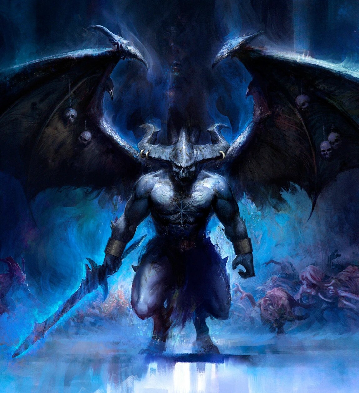 Be'lakor the Dark Master, the first Daemon Prince, wings hung with skulls and carrying the Blade of Shadows