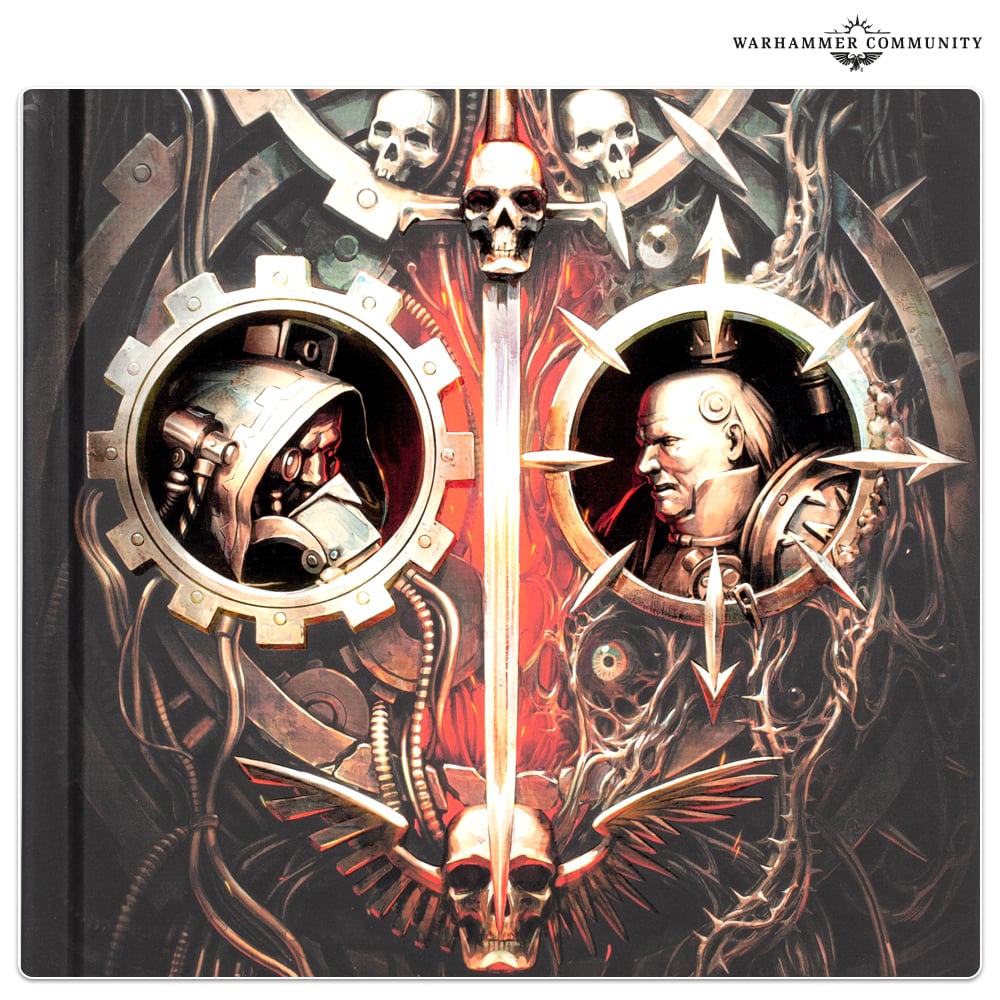 Decorative Genefather artwork depicting Belisarius Cawl and Fabius Bile within mechanical frames
