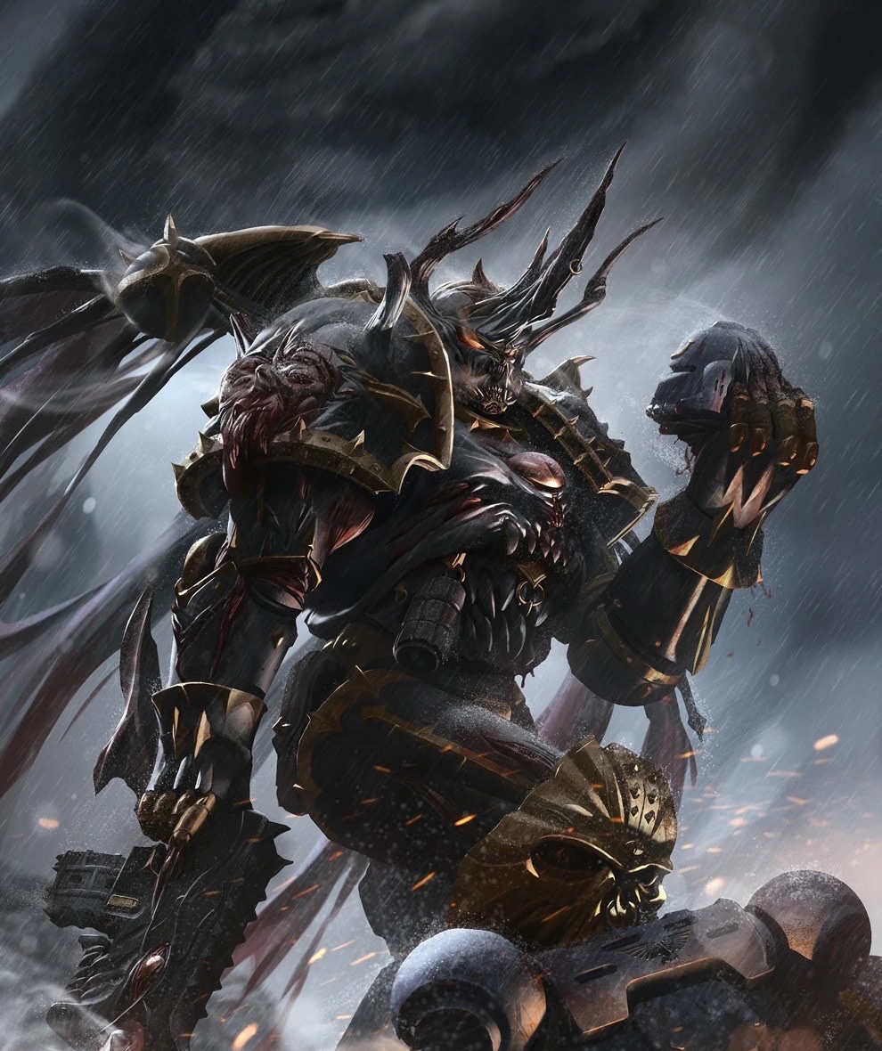 Black Legion warriors advancing over a fallen Space Marine in a storm