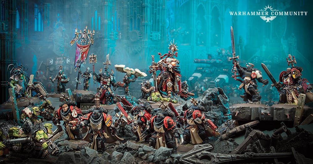 A massed Black Templars crusade force led by High Marshal Helbrecht and Chaplain Grimaldus