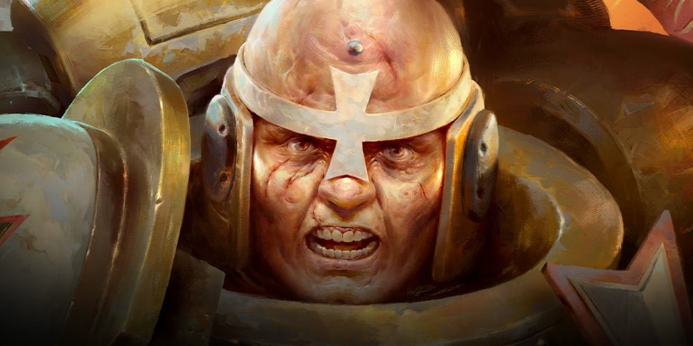 Close-up of a scarred Black Templars Space Marine with the chapter cross on his helm