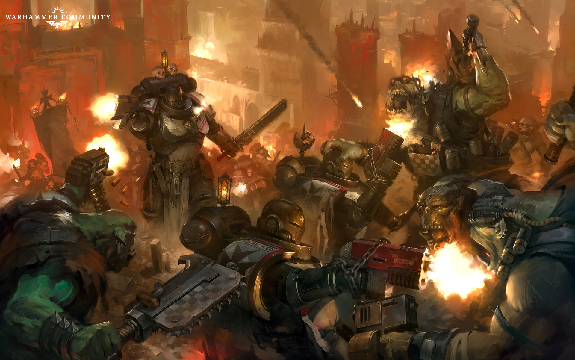 Black Templars in black armour and white tabards fighting Orks in a burning hive city