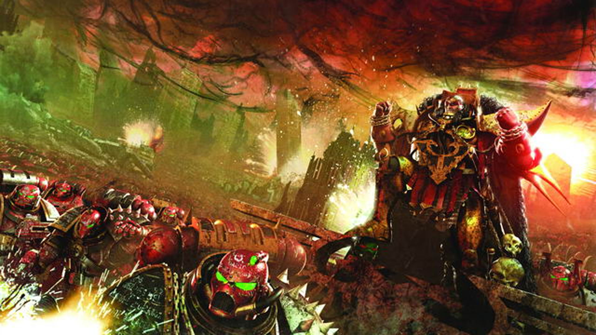 Angron leading World Eaters legionaries in red power armour through a burning ruined city