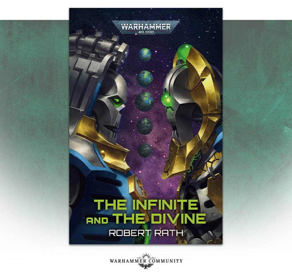 The cover of The Infinite and the Divine shows Trazyn and Orikan facing each other amid stars