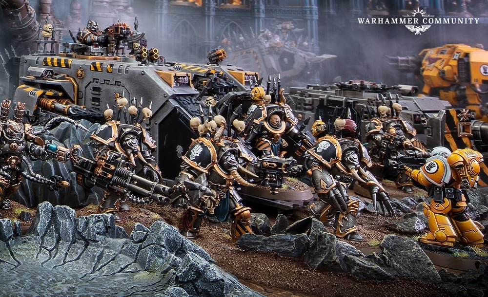 Chaos Terminators in black and gold war-plate advancing through ruins alongside their transport