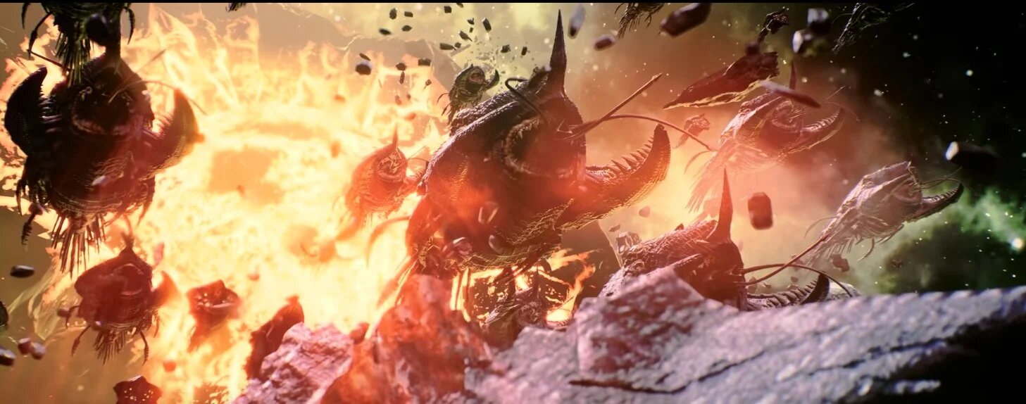 Tyranid bio-ships erupting from a shattered world into open space