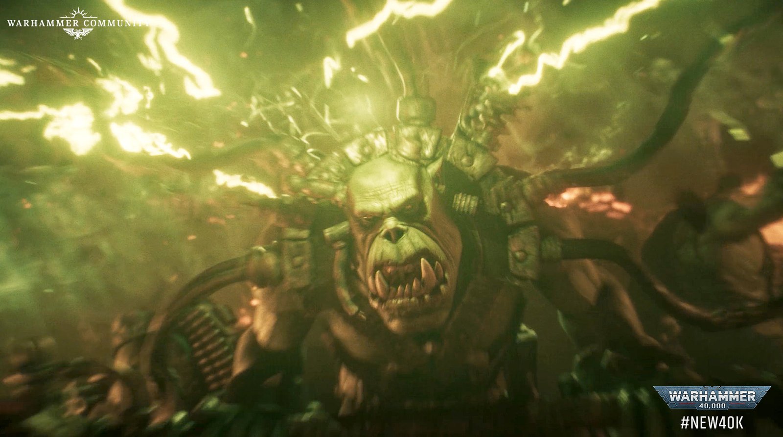 An Ork Weirdboy with green Waaagh energy arcing in bolts from his head