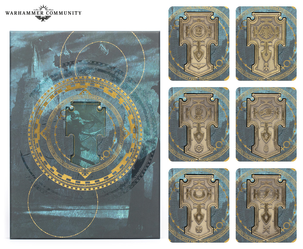 The Limited Edition codex's magnetic front panel with its six interchangeable Chapter emblems laid out beside it