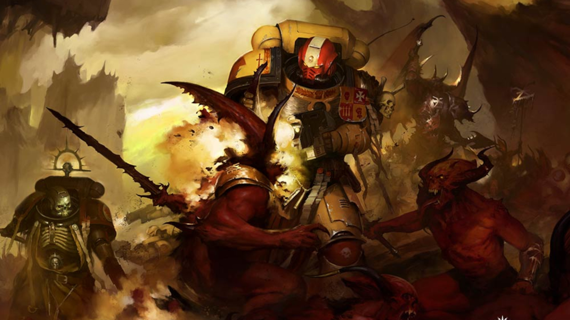 An Imperial Fists Space Marine in yellow power armour fighting bloodletters, painted 40k artwork