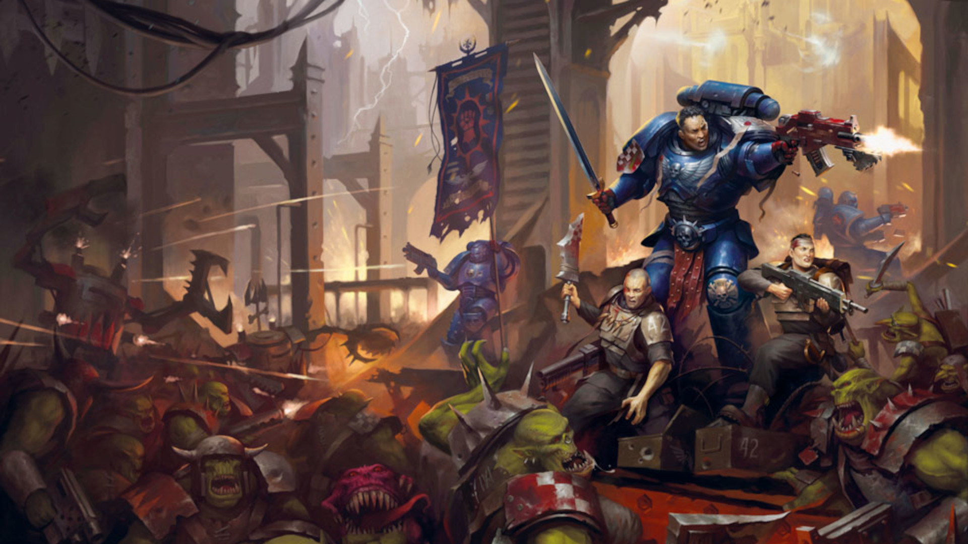 A Crimson Fists officer leads Imperial defenders in a desperate close-quarters stand against an Ork horde in a ruined hive