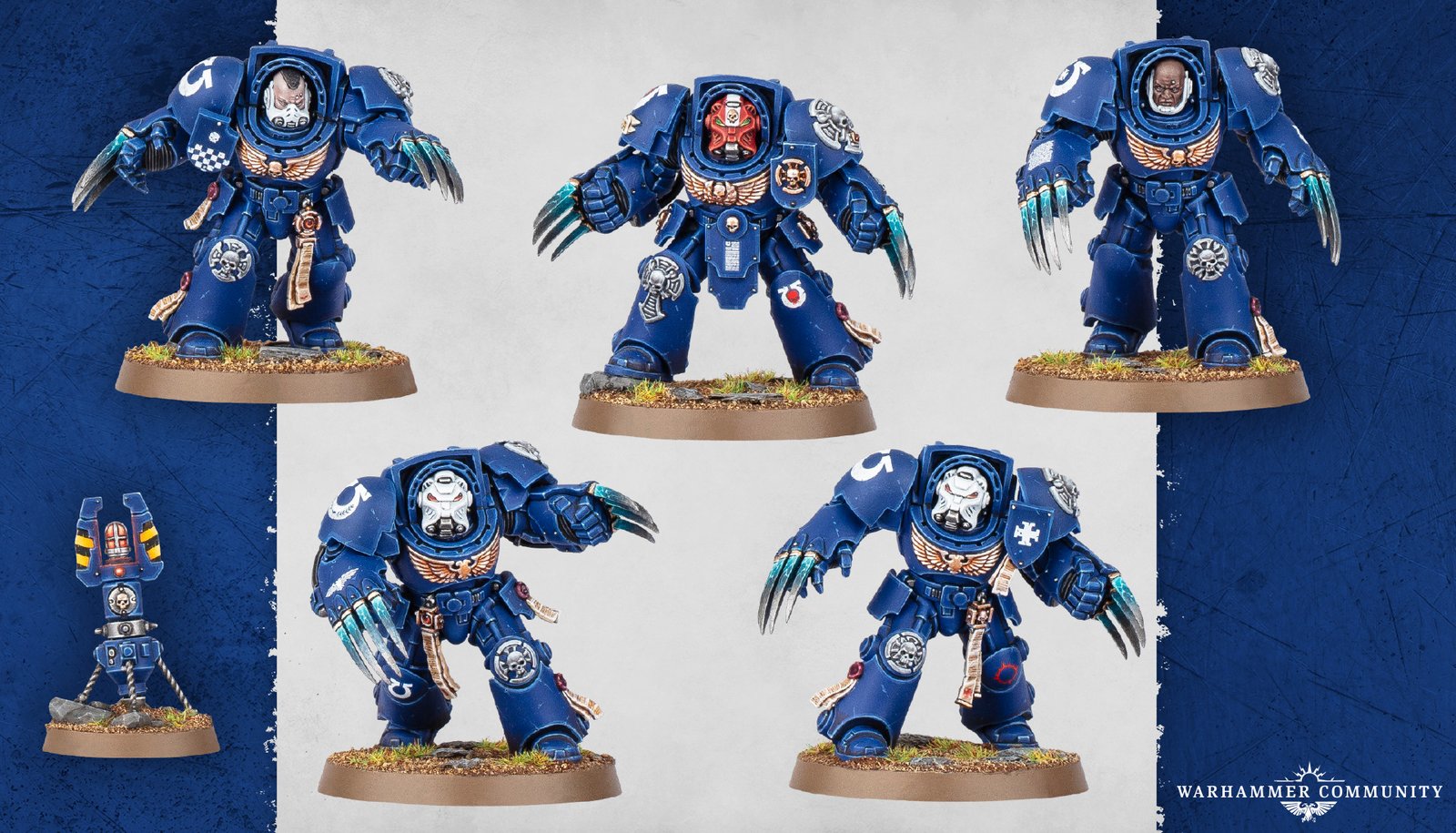 Assault Terminators armed with lightning claws, each wearing the cream-coloured Crux Terminatus on the left shoulder pad
