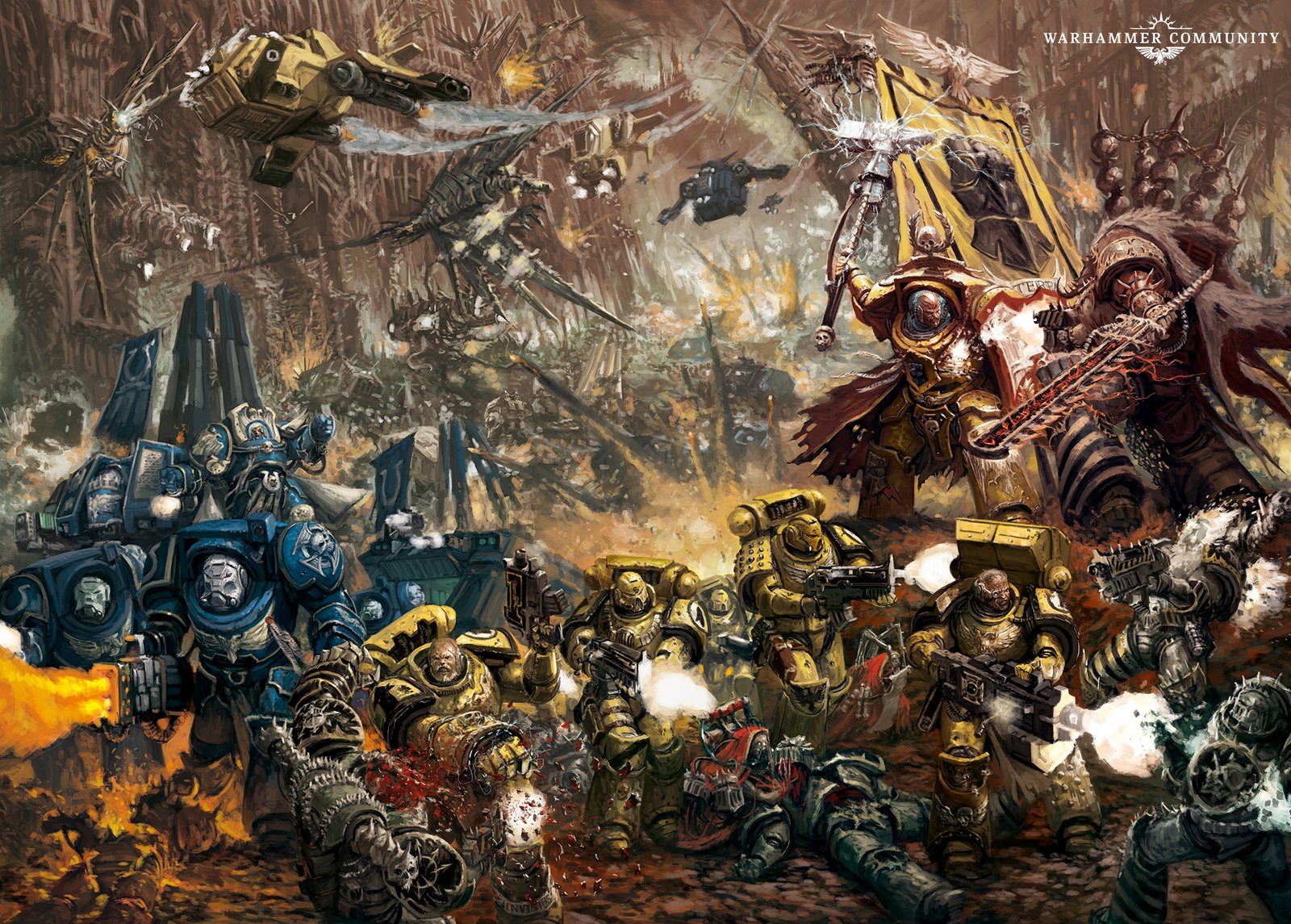 Imperial Fists and Ultramarines Terminators fighting Chaos forces, the white Crux Terminatus visible on their left shoulder plates