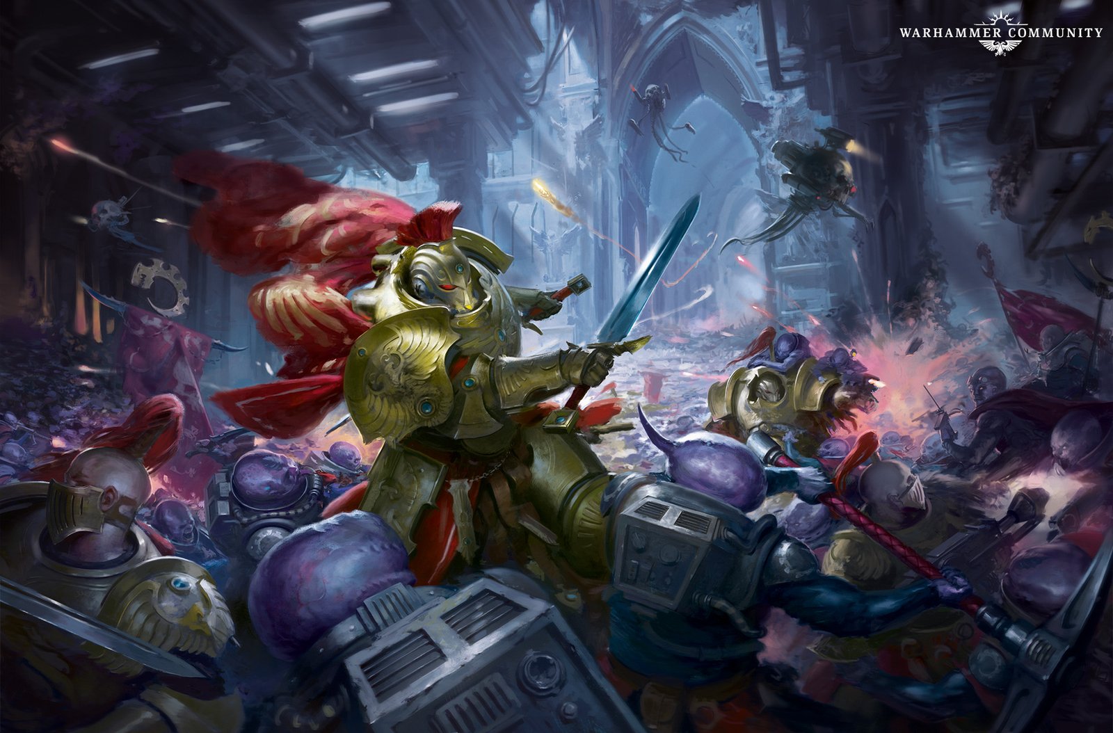 A Custodes Shield-Captain fighting through a corridor