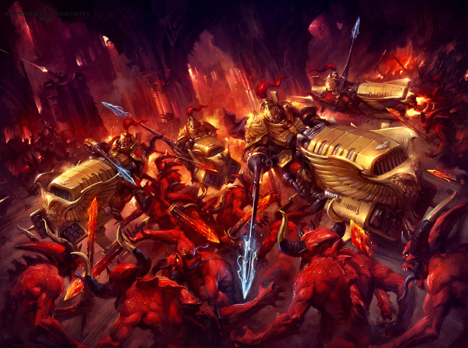 Custodians on grav-vehicles and jetbikes cutting through a tide of Bloodletters
