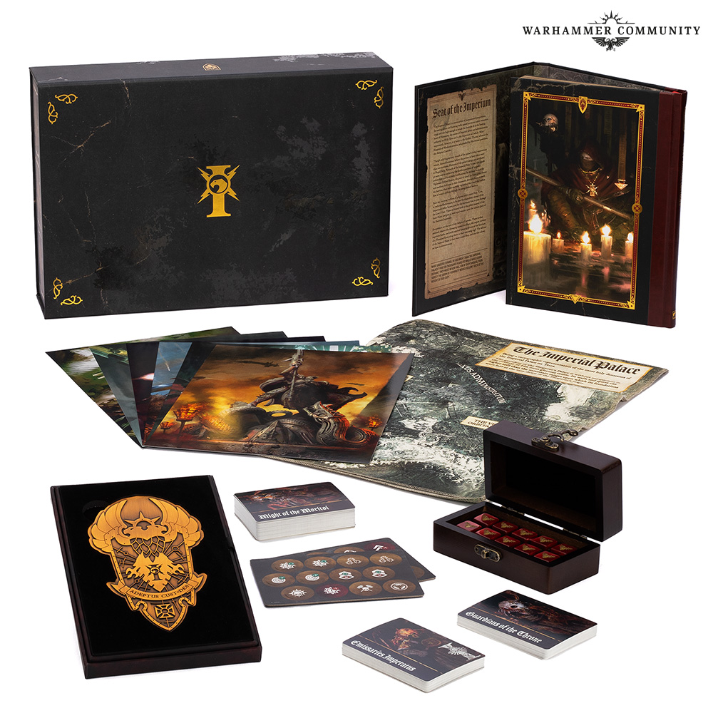 The Codex: Adeptus Custodes Limited Edition contents, with the A2 cloth map of the Imperial Palace unfolded behind the dice vault