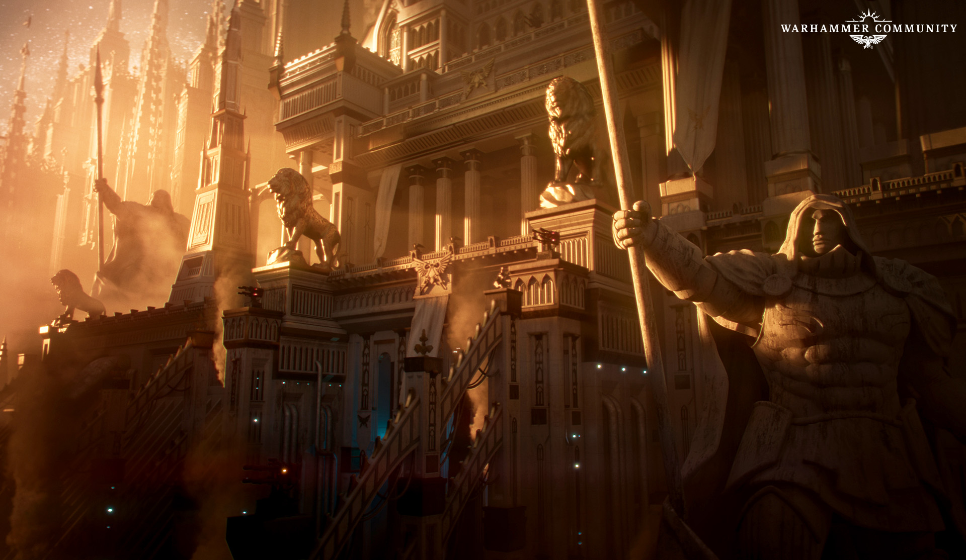 A Horus Heresy-era view of the Imperial Palace from the Saturnine cinematic, with lion statues flanking the gateway