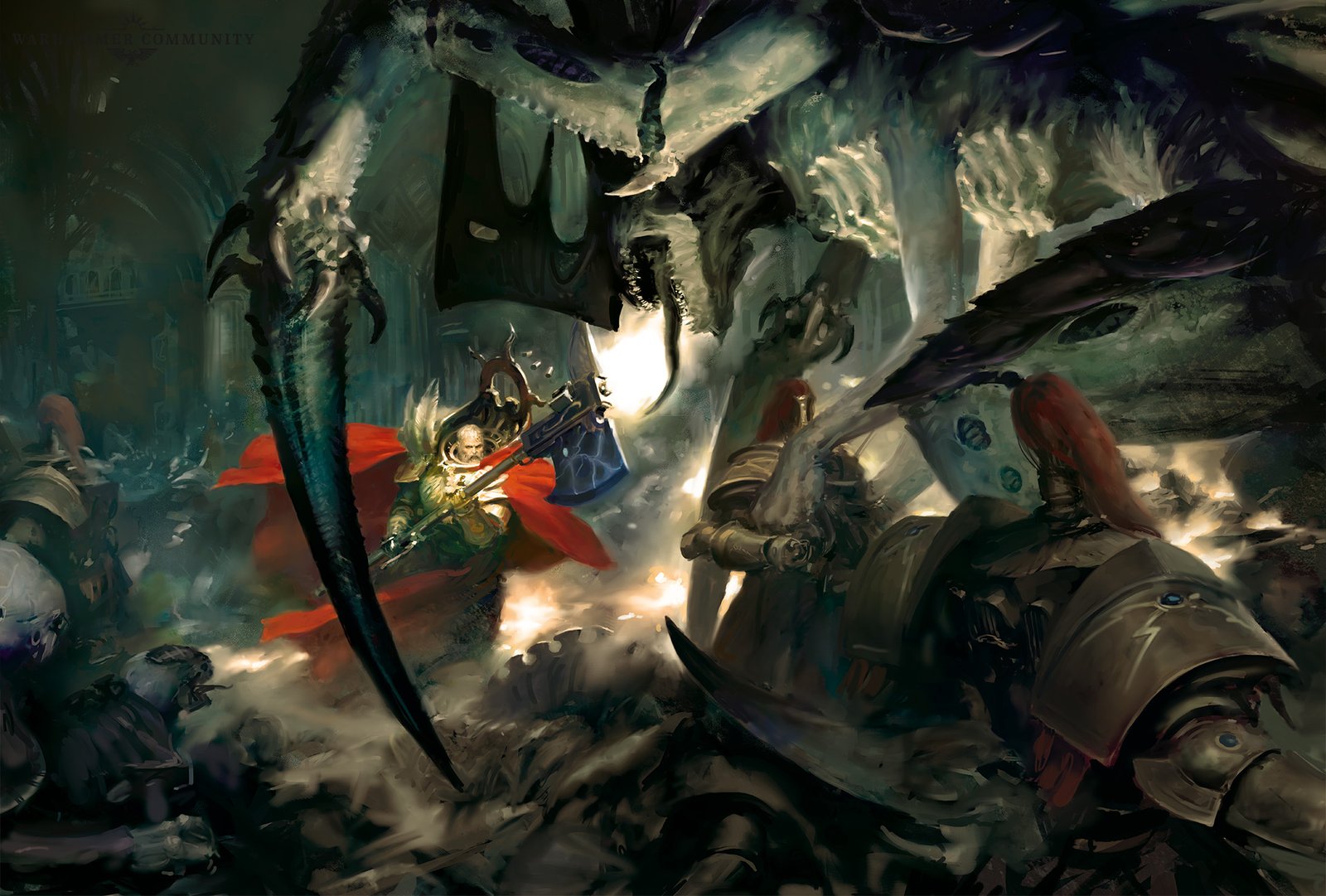 A lone Custodian with a guardian spear holding a hall against an enormous beast