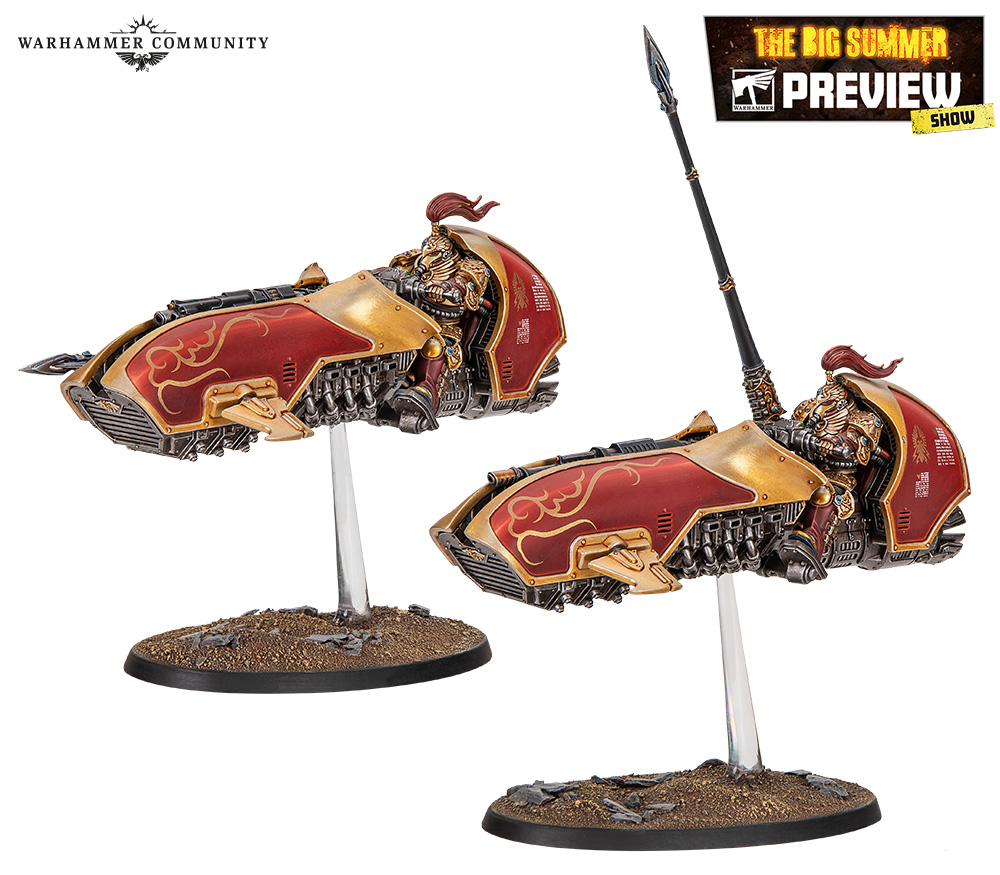 Two of the new plastic Gyrfalcon jetbikes in Custodian gold and red, one rider holding a power lance and one with it stowed