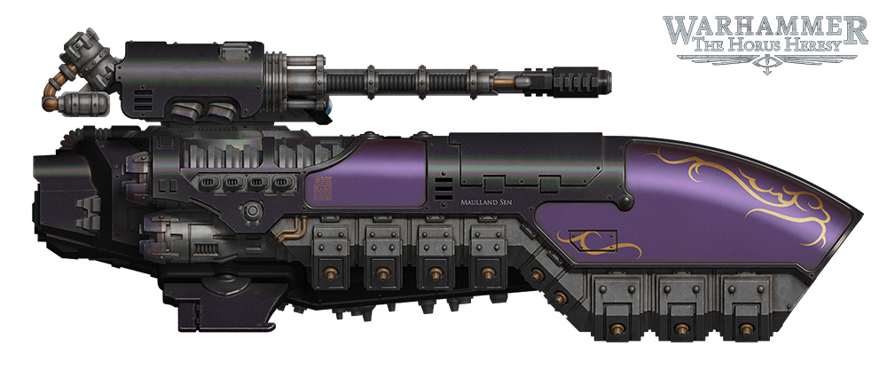A Caladius grav-tank in the polished black and purple livery of the Templi Prudentia, bearing the battle honour Maulland Sen