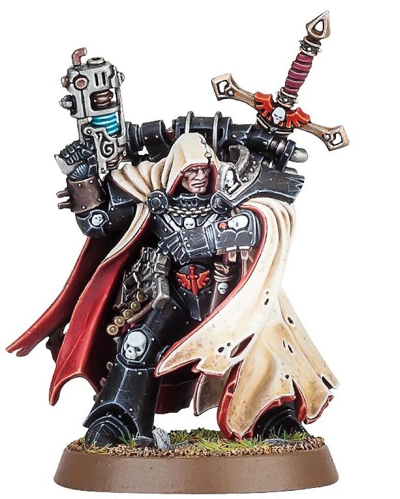 The Cypher miniature, in dark power armour with a flowing robe, plasma pistol raised and the great sword strapped to his back
