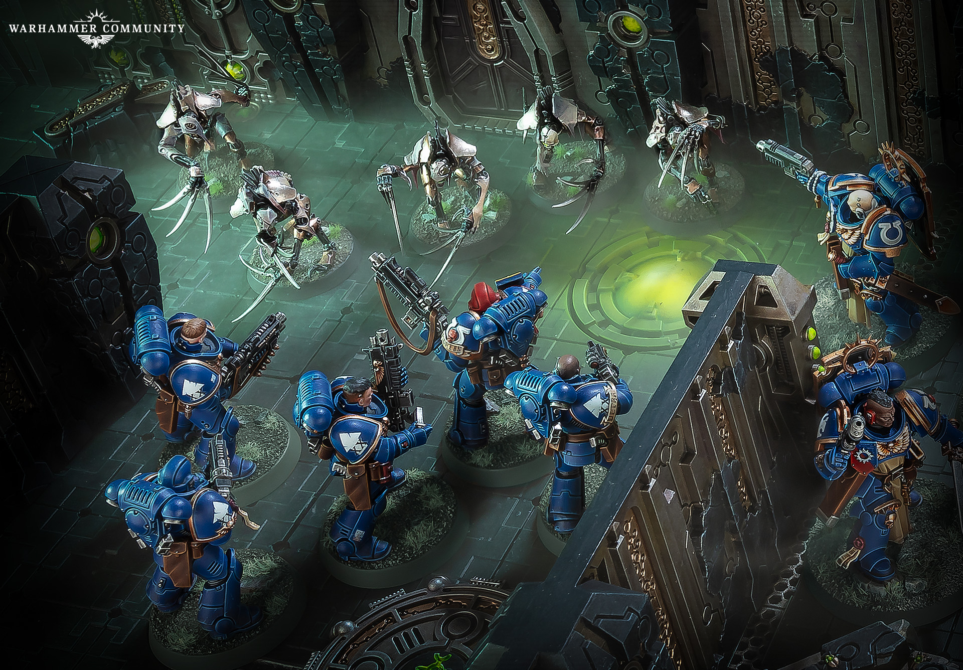 Ultramarines firing into a Necron tomb interior