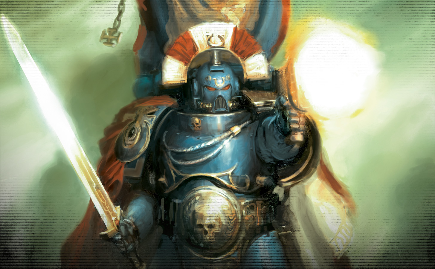 An Ultramarines Captain wielding a glowing power sword in painted codex art