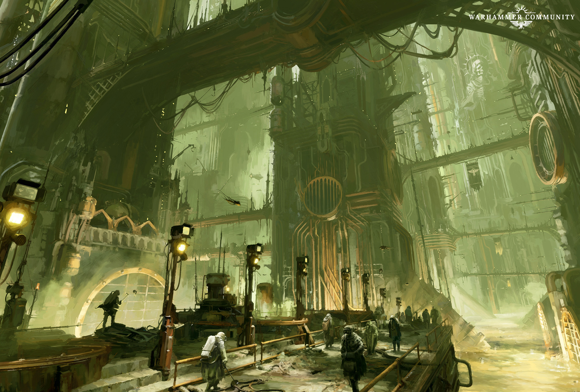 Lower-hive industrial spaces with workers and factory machinery