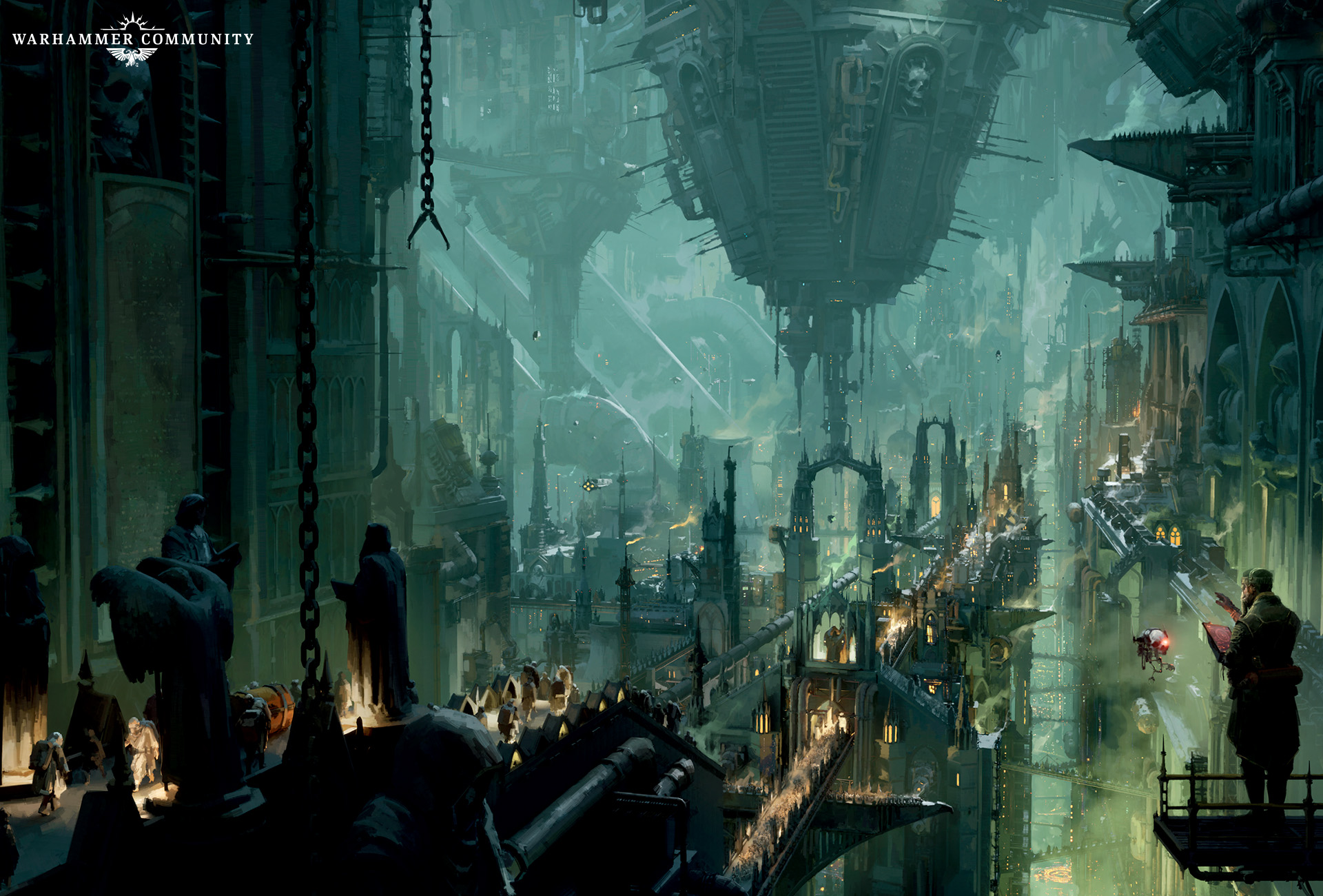A hive city interior with spires and bridges under smog