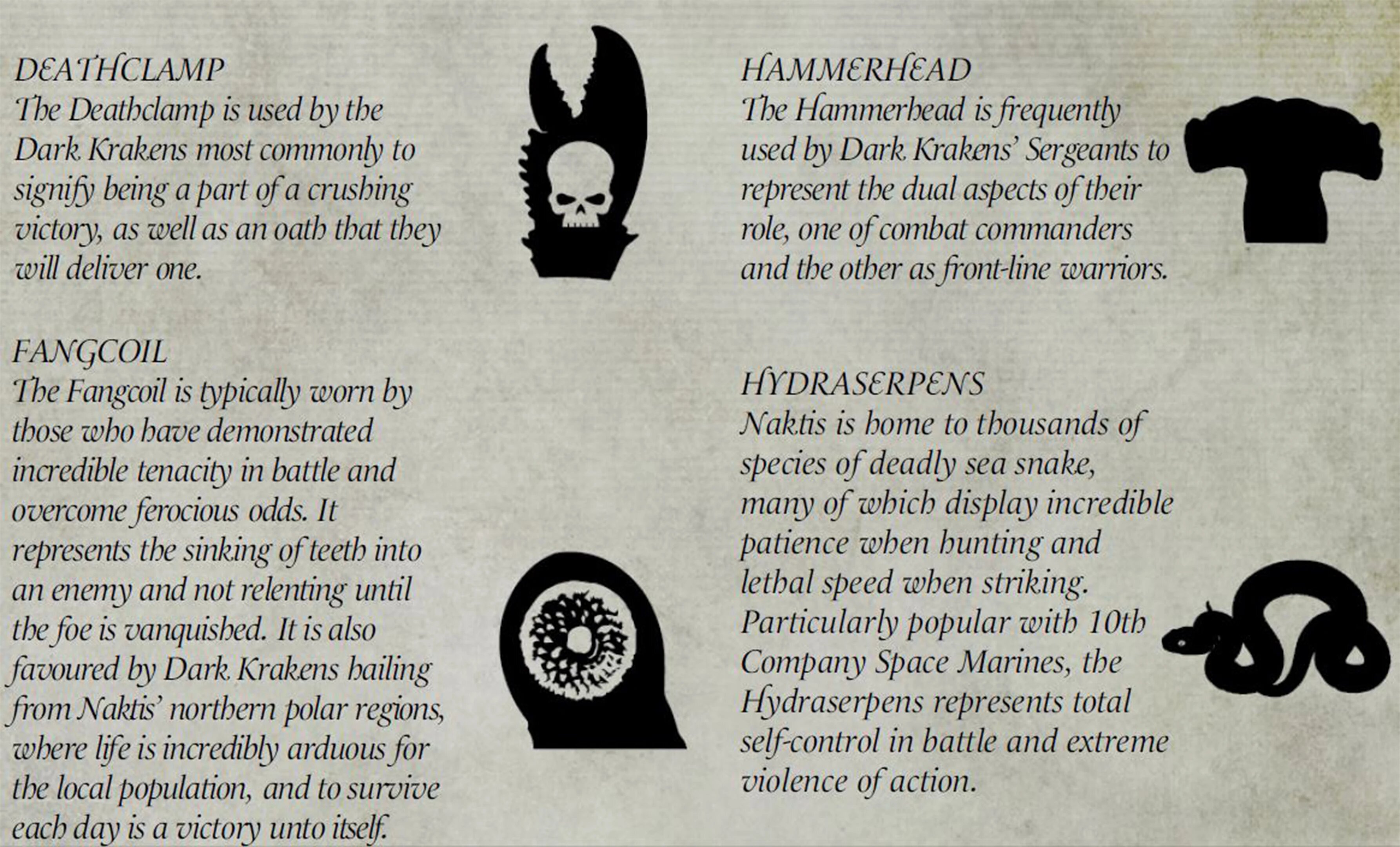 A reference plate of Dark Krakens chapter symbols including the Deathclamp, Hammerhead, Fangcoil and Hydraserpens