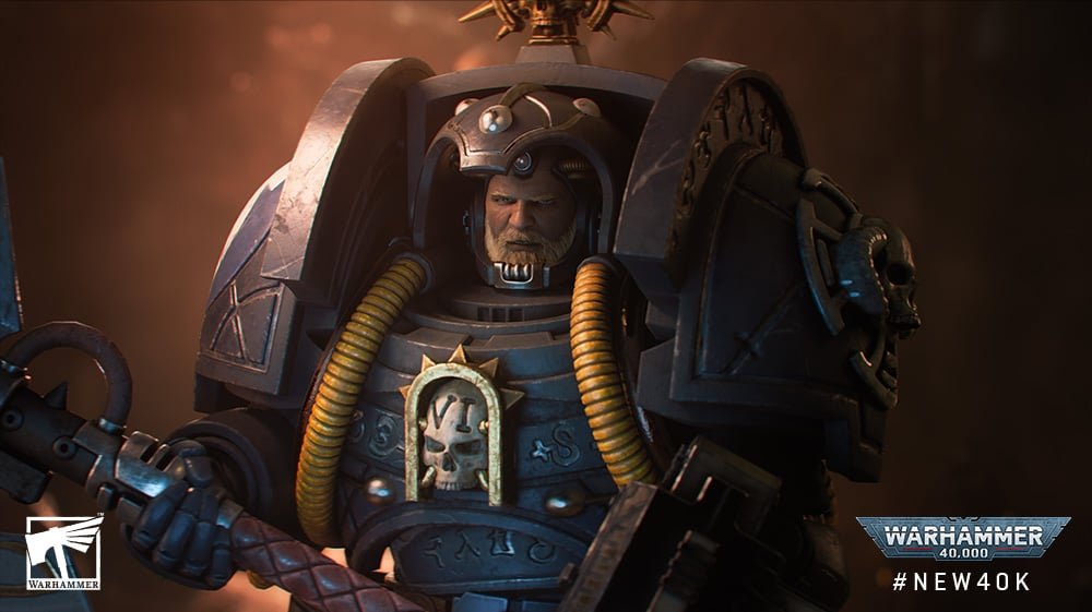 A brooding Space Marine Librarian in Terminator armour, lit from below in shadow