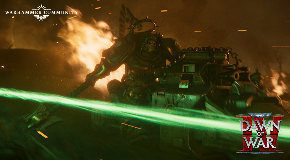 A Dark Angels Ravenwing Chaplain on a bike charging through Necron fire in the Dawn of War IV trailer