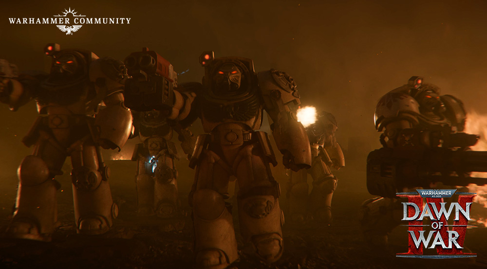 Dark Angels Deathwing Terminators advancing through fire in the Dawn of War IV trailer