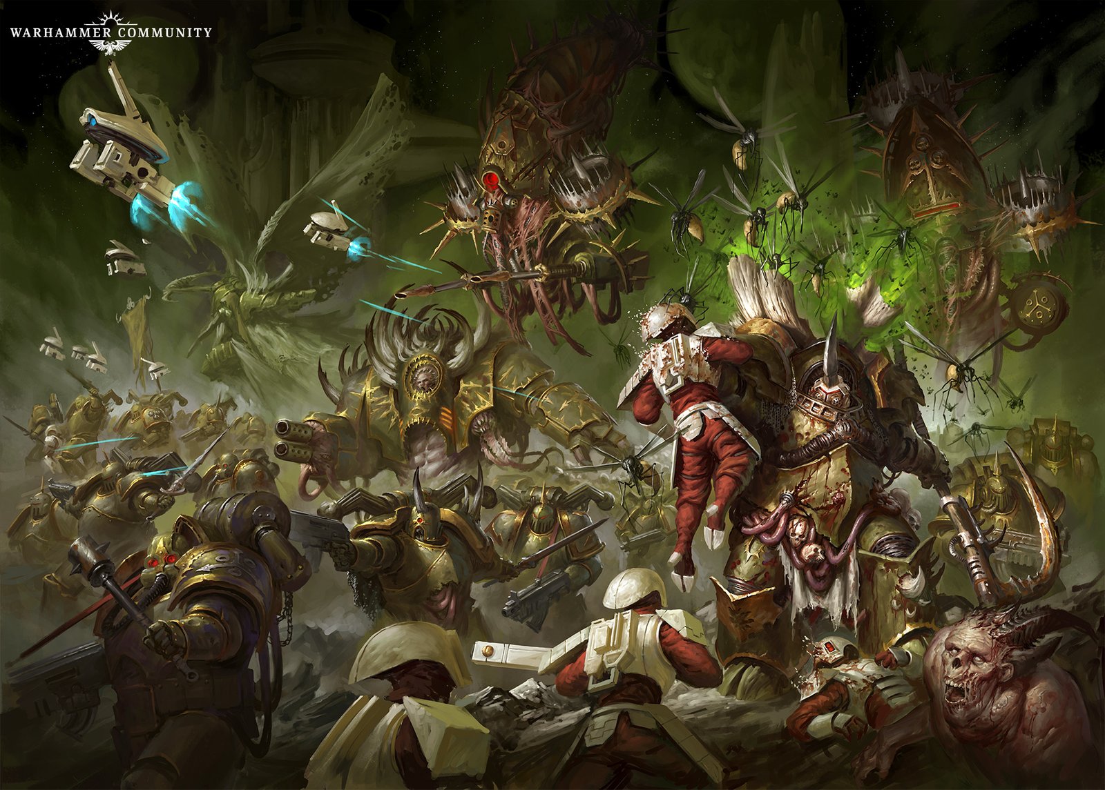 Plague Marines advancing through green warp-fog against Imperial Guard defenders