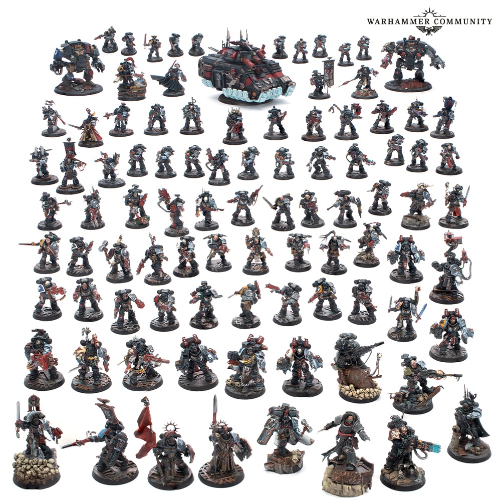 A full Deathwatch army, every marine in black armour with a different Chapter's shoulder pad