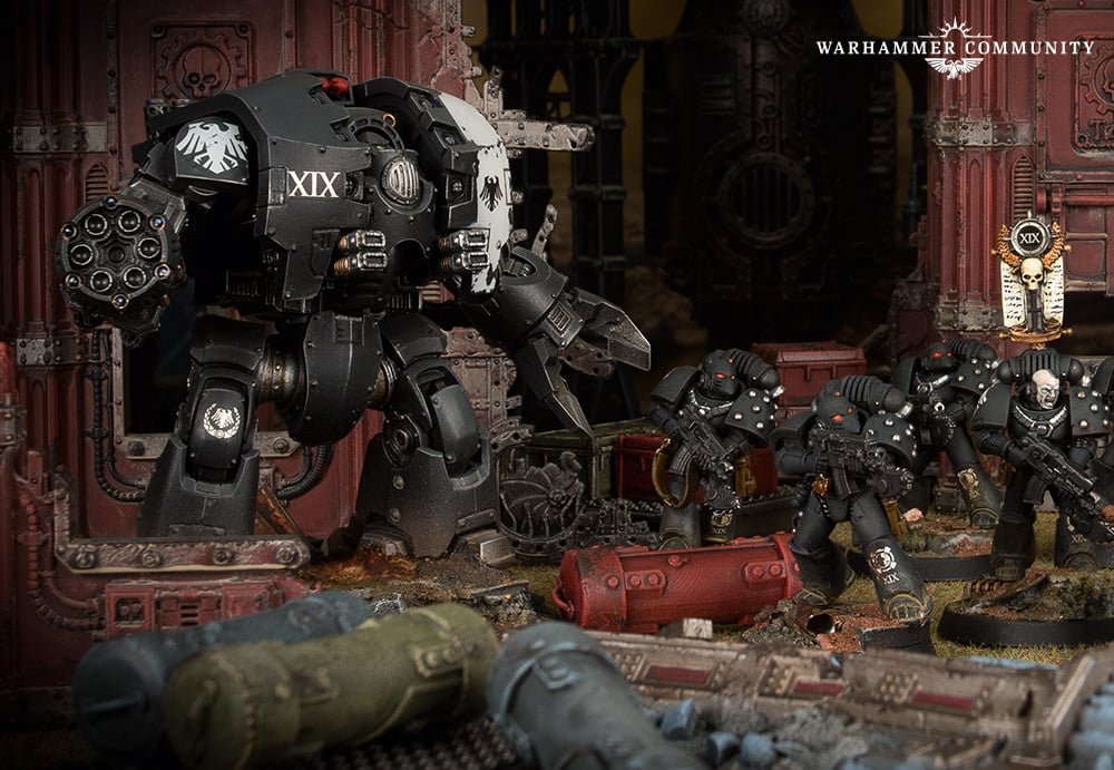 Heresy-era legionaries and a Contemptor Dreadnought, the model line built around recovering old designs