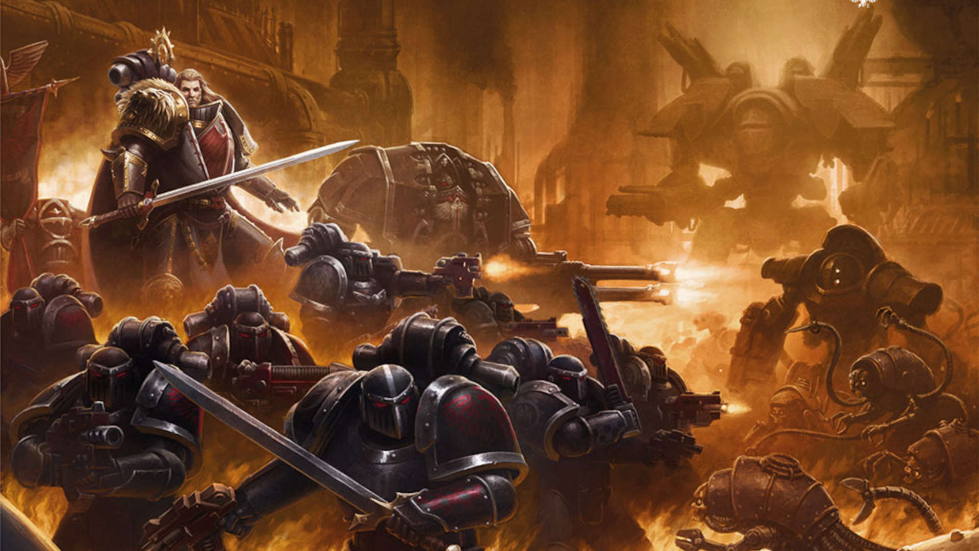 Lion El'Jonson leading black-armoured Heresy-era Dark Angels through a burning corridor