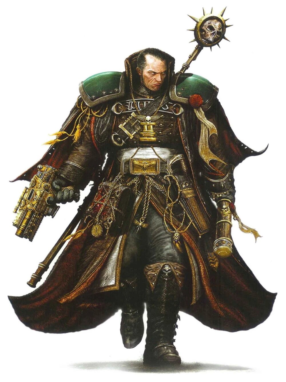 Full-length artwork of Inquisitor Gregor Eisenhorn in black robes carrying a rod and a pistol