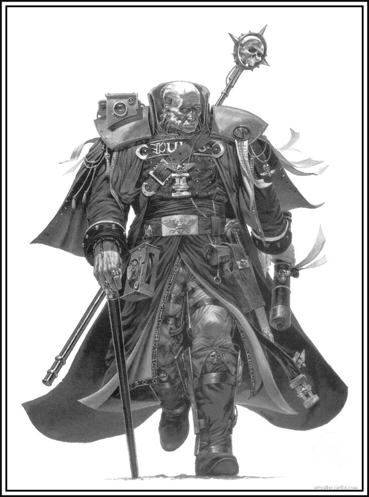 Gregor Eisenhorn after the Quixos affair, bald and leaning on a swordstick