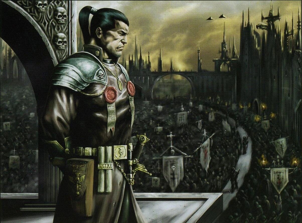 An Inquisitor watching a vast crowd and banner procession from a balcony on a hive world