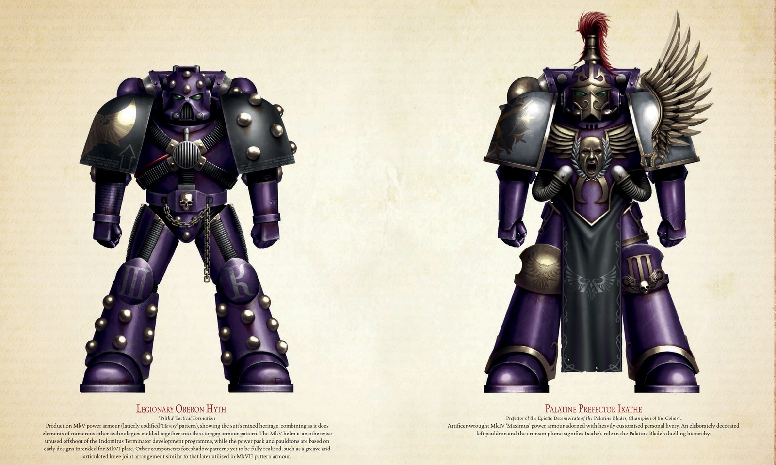 The Emperor's Children Black Book extract's armour plates: Legionary Oberon Hyth in MkV armour and Palatine Prefector Ixathe of the Palatine Blades